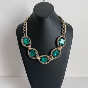 Emerald Green Statement Necklace Gold Bronze Chunky